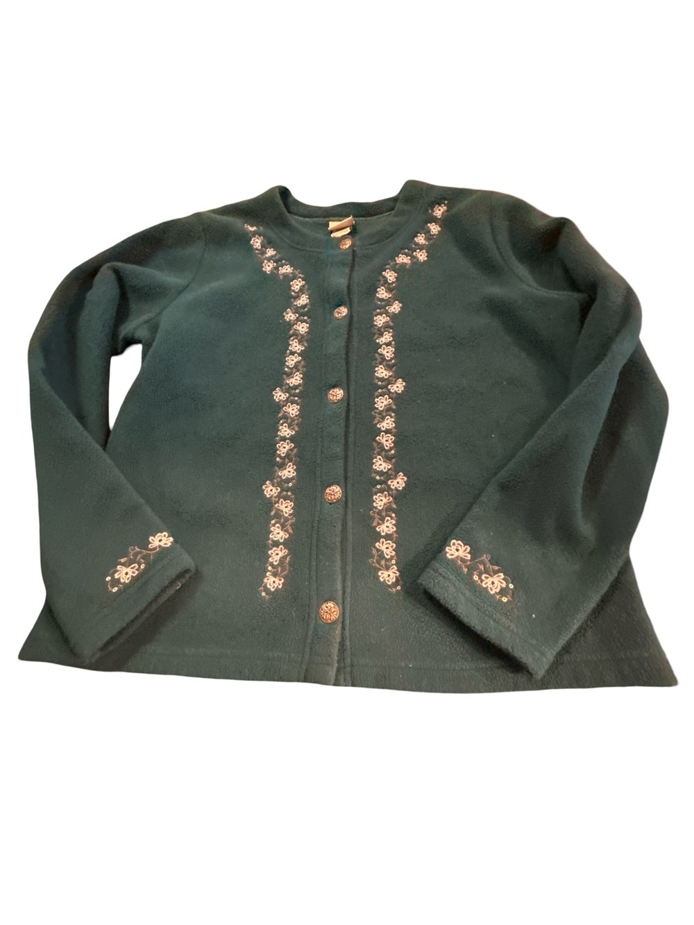 L.L. Bean Vintage DarkGreen Fleece Cardigan Floral Embroidered Large Grandmacore